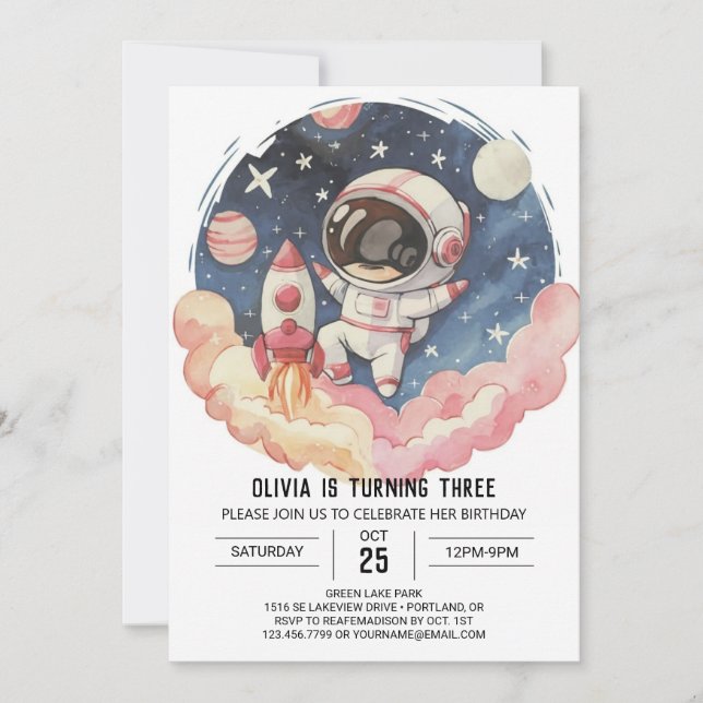 Niedlich Comet Elegance Astronaut Geburtstag Einladung (Vorderseite)