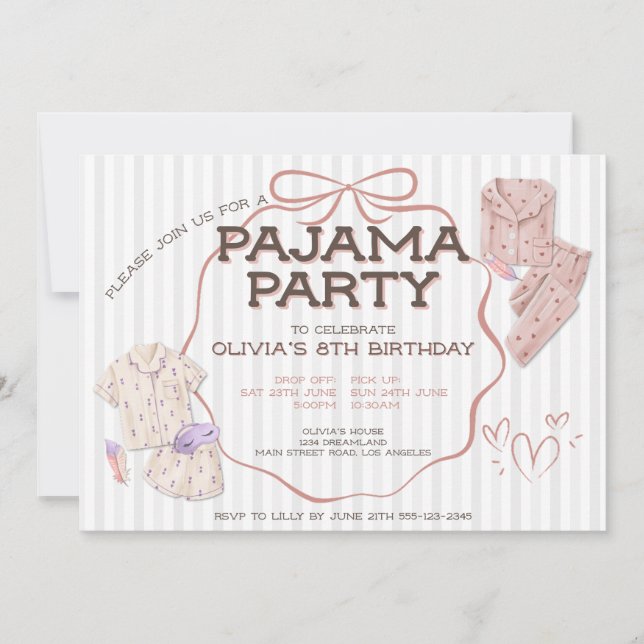 Niedlich Coquette Bow Pajama gestreift Party Gebur Einladung (Vorderseite)