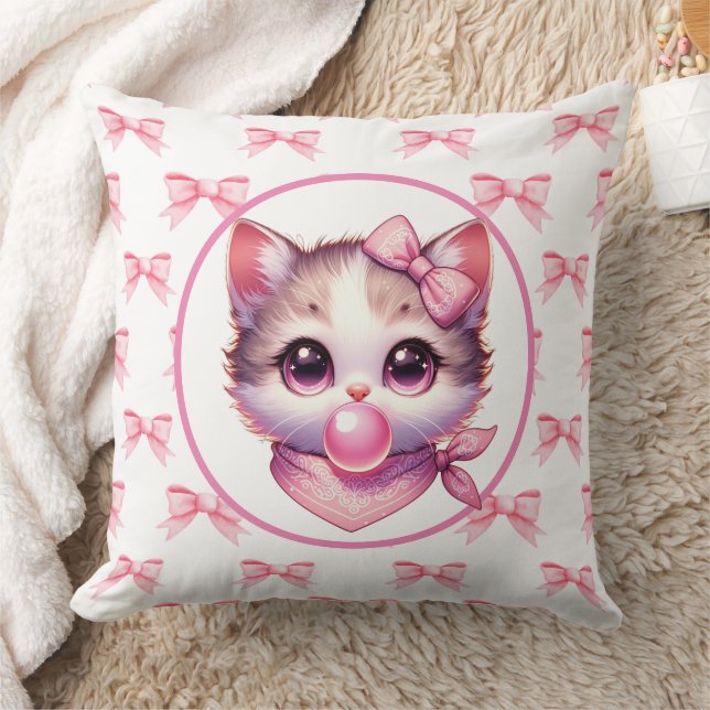 Niedlich Coquette Cat Pink Bow Bandanna Bubble Gum Kissen (Decke)