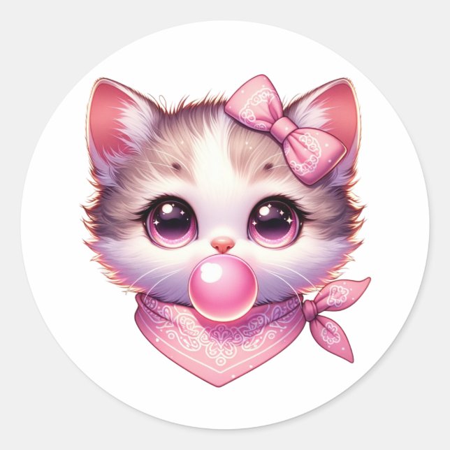 Niedlich Coquette Cat Pink Bow Bandanna Bubble Gum Runder Aufkleber (Vorderseite)