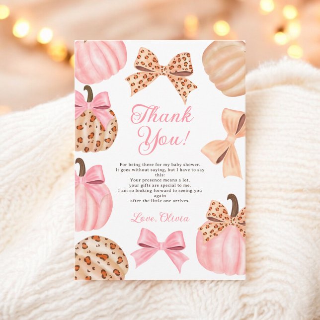 Niedlich Coquette Pink Bow Leopard Pumpkin Babydus Dankeskarte (Cute Coquette Pink Bow Leopard Pumpkin baby shower Thank You Card)