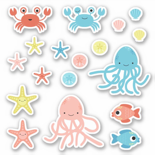 Niedlich Coral Yellow Blue Ocean Animals Aufkleber (Vorderseite)
