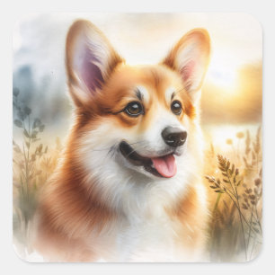 Niedlich Corgi Außenbereich Wasserfarben Quadratischer Aufkleber