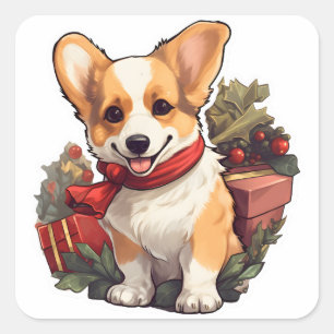 Niedlich Corgi Frohe Weihnachten Quadratischer Aufkleber