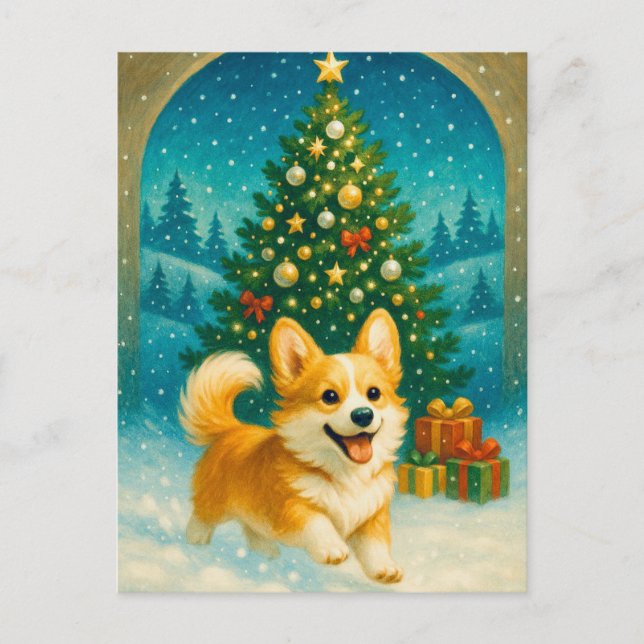 Niedlich Corgi Merry Happy Christmas Tree Postcard Postkarte (Vorderseite)