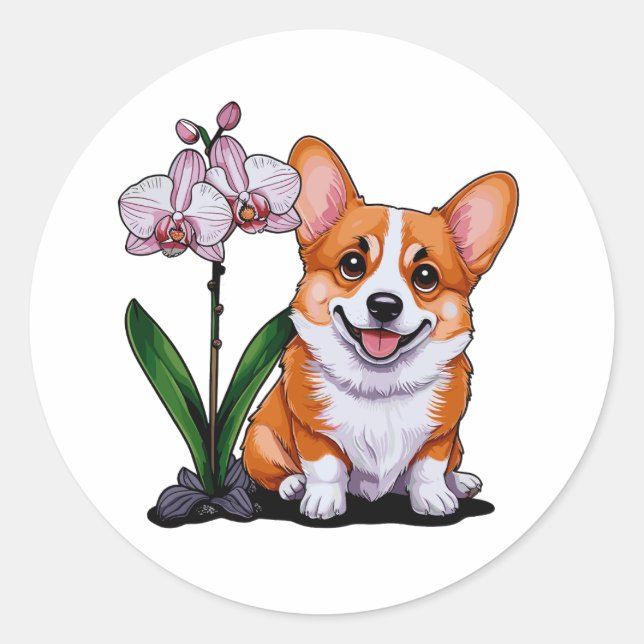 Niedlich Corgi mit Orchidea Runder Aufkleber (Vorderseite)