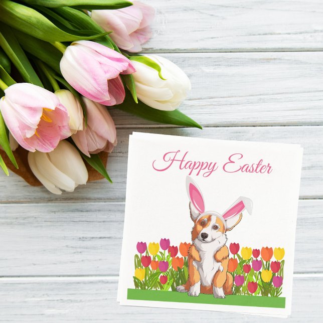 Niedlich Corgi Ostergeblasen Tulip Blume Party Serviette (Von Creator hochgeladen)