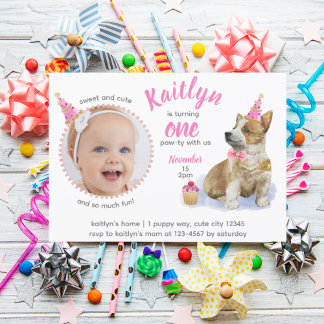 Niedlich Corgi 🐶 Puppy Pink Foto Erster Geburtsta Einladung
