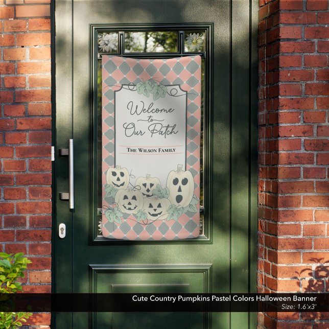 Niedlich Country Pumpkins Pastel Colors Halloween Banner (Cute Country Pumpkins Halloween Banner–Shown in approx. 1.6' x 3' size. Always Measure your door.)