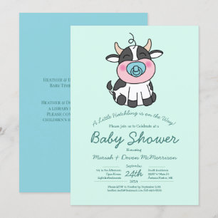 Niedlich Cow Baby Shower Kawaii Blue Boy Einladung