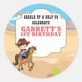 Niedlich Cowboy 1. Geburtstag Party Runder Aufkleber
