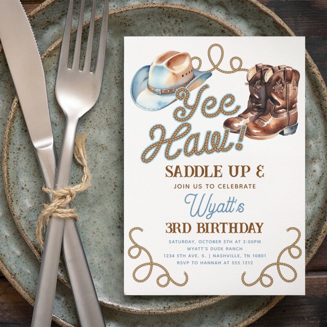 Niedlich Cowboy Boots Blue Yee Haw Rodeo Geburtsta Einladung (Cute Cowboy Boots Blue Yee Haw Rodeo Birthday Invitation)