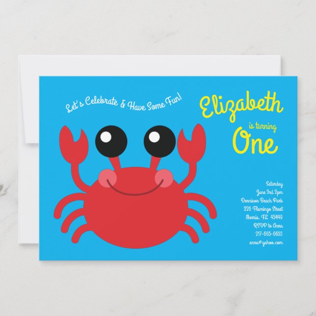 Niedlich Crab Beach Kids 1. Geburtstag Party Einladung (Vorderseite)