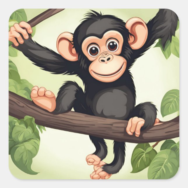 Niedlich Crazy Funny Chimpanzee Cartoon Quadratischer Aufkleber (Vorderseite)