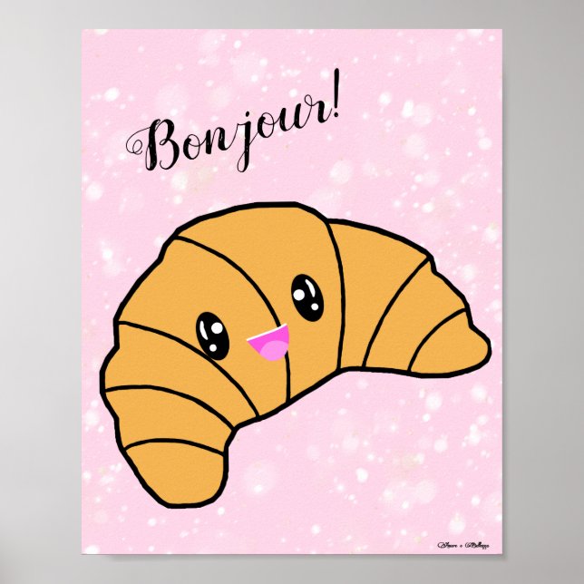 Niedlich Croissant Bonjour Paris Bäckerei Café Pin Poster (Vorne)