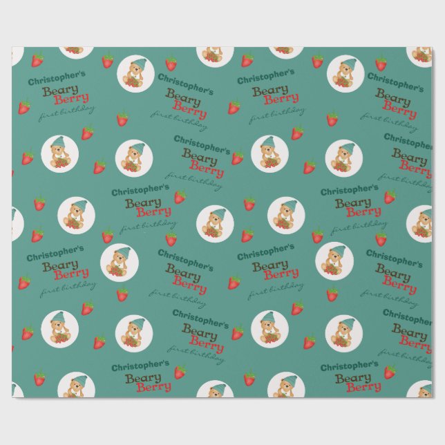 Niedlich Cub Erdbeeren Beary Berry Erster Geburtst Geschenkpapier (Flach)