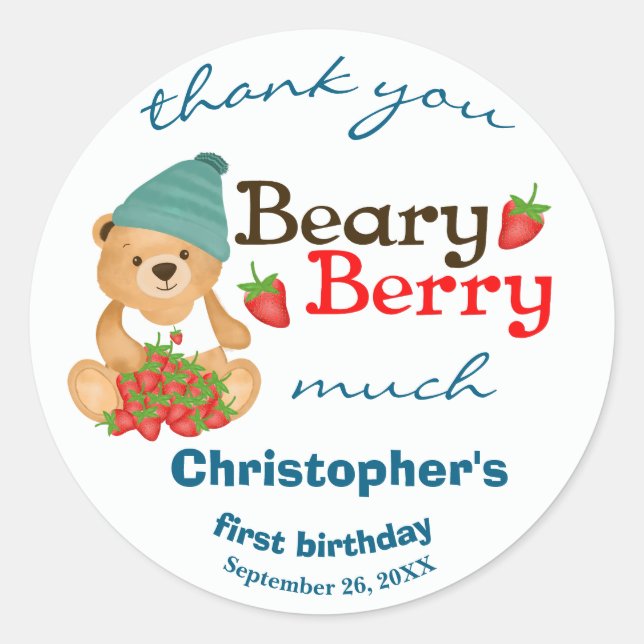 Niedlich Cub Erdbeeren Beary Berry Erster Geburtst Runder Aufkleber (Vorderseite)