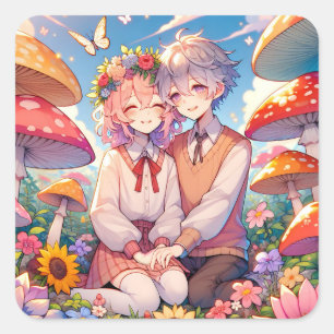 Niedlich Cudly Anime Couple Whimsical Romantic Quadratischer Aufkleber