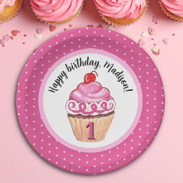 Niedlich Cupcake Pink Girl Happy 1. Geburtstag Pappteller