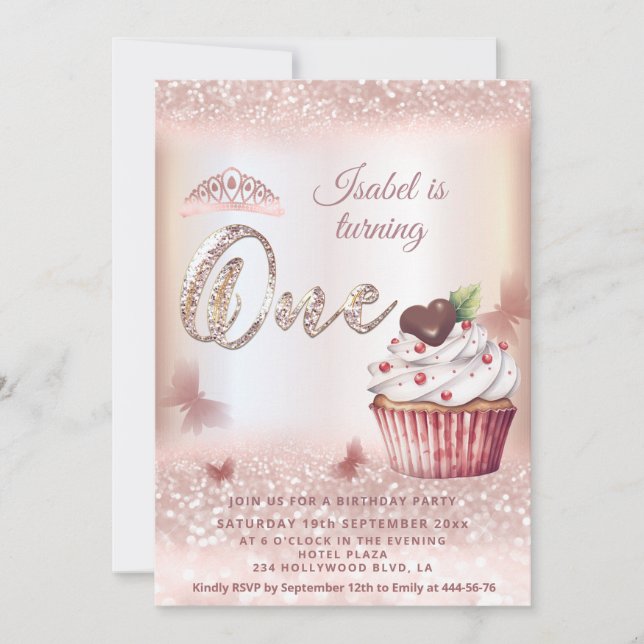Niedlich Cupcake Rose Goldglatter Schmetterling Ti Einladung (Vorderseite)
