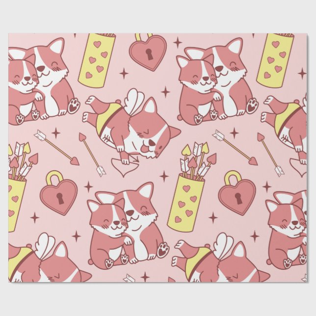 Niedlich Cupid Corgis Wrapping Paper Geschenkpapier (Flach)