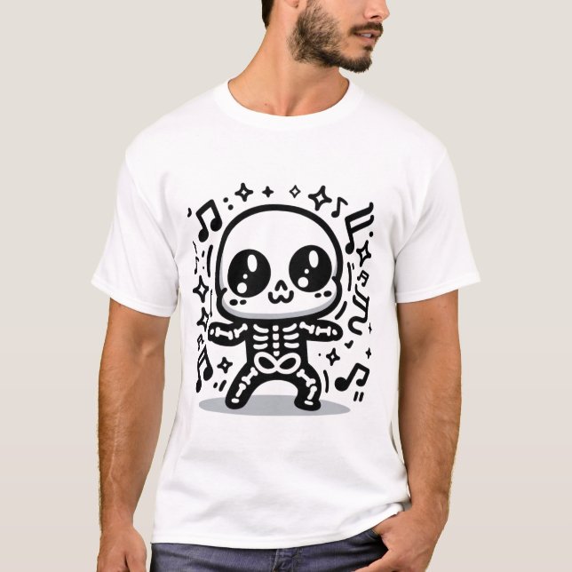 Niedlich Dancing Skeleton Kawaii Halloween Music T-Shirt (Vorderseite)