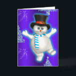Niedlich Dancing Snowman Blue Christmas Karte<br><div class="desc">Eine skurrile Weihnachtskarte mit einem extrem niedlichen Schneemann in einem glänzenden schwarzen Top-Hut und einem blau-weiß gestreiften Schal. Er tanzt im Schnee mit Weihnachtsbäumen um ihn herum, alles auf einem farbenprächtigen blauen Farbverlauf. Diese festliche Karte wird ein großer Hit sein mit dem, wer das Glück hat, sie zu erhalten. Der...</div>