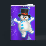 Niedlich Dancing Snowman Blue Christmas Karte<br><div class="desc">Eine skurrile Weihnachtskarte mit einem extrem niedlichen Schneemann in einem glänzenden schwarzen Top-Hut und einem blau-weiß gestreiften Schal. Er tanzt im Schnee mit Weihnachtsbäumen um ihn herum, alles auf einem farbenprächtigen blauen Farbverlauf. Diese festliche Karte wird ein großer Hit sein mit dem, wer das Glück hat, sie zu erhalten. Der...</div>