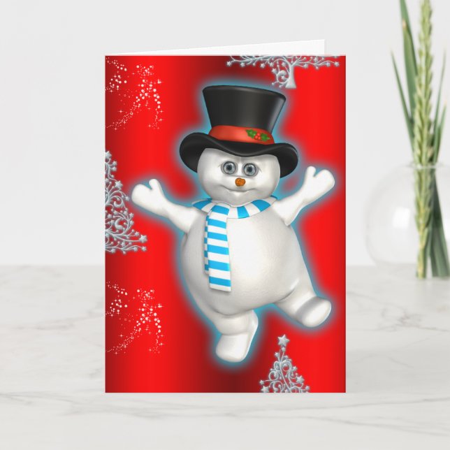 Niedlich Dancing Snowman Red Christmas Karte (Vorderseite)