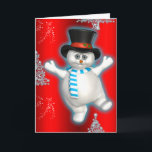 Niedlich Dancing Snowman Red Christmas Karte<br><div class="desc">Eine niedliche Weihnachtskarte mit einem bezaubernden Schneemann, der in einem glänzenden schwarzen Top-Hut gekleidet ist und einen blau-weiß gestreiften Schal trägt. Er tanzt im Schnee mit Weihnachtsbäumen um ihn herum, alles auf einem farbenfrohen roten Hintergrund. Diese festliche Karte wird ein großer Hit sein mit dem, wer das Glück hat, sie...</div>