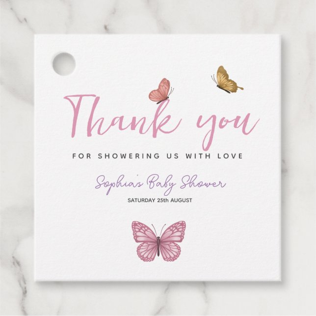 Niedlich Danke Butterfly Girls Babydusche Geschenkanhänger (Vorderseite)