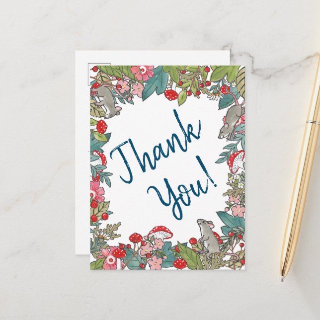 Niedlich danke Mäuse Mouse Woodland Foliage Postkarte (Vorderseite/Rückseite Beispiel)