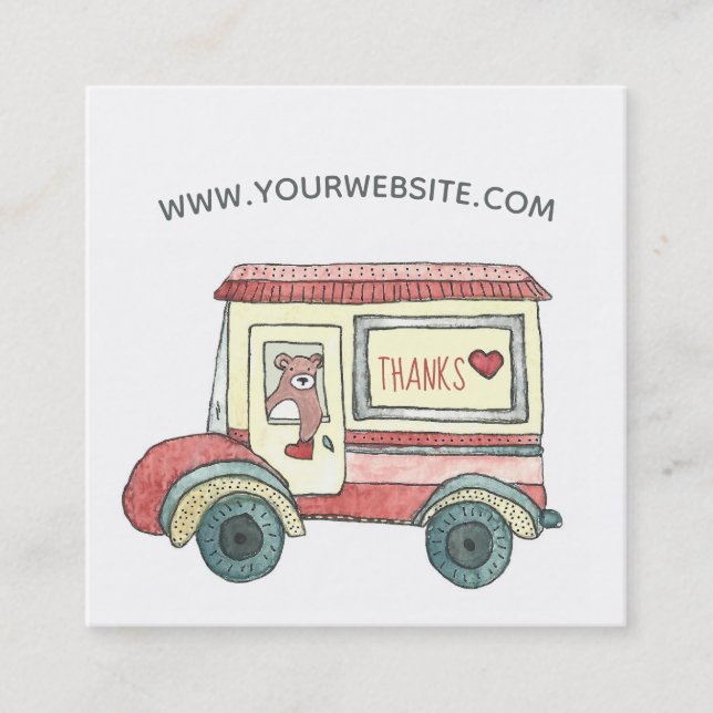 Niedlich Danke, Teddy Bear Mail Truck Wasserfarbe Quadratische Visitenkarte (Vorderseite)
