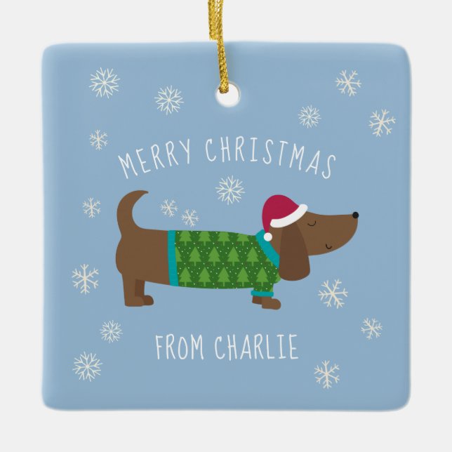 Niedlich Daschund Foto Weihnachten Keramikornament (Vorderseite)