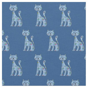 Niedlich Denim n Blume Cartoon Katzengewebe Stoff