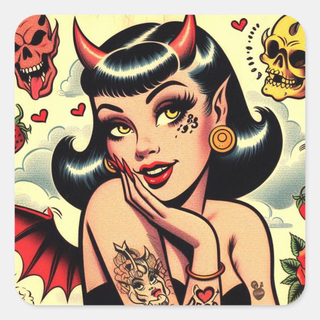 Niedlich Devil Girl Quadratischer Aufkleber (Vorderseite)