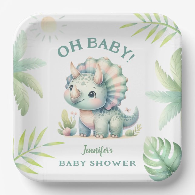 Niedlich Dino Jungle Triceratops Dinosaur Babydusc Pappteller (Vorderseite)