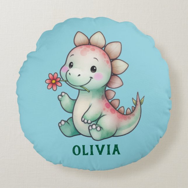 Niedlich Dino Personalisiert Rundes Kissen (Vorderseite)