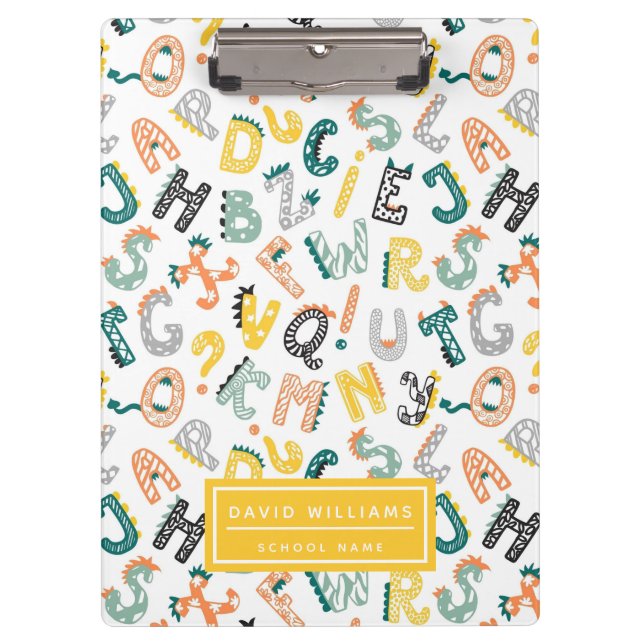 Niedlich Dinosaur Alphabet Pattern Kinderschule Klemmbrett (Vorderseite)
