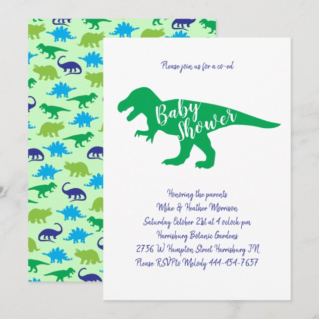 Niedlich Dinosaur Baby Dusche T-Rex Dino Green Boy Einladung (Vorne/Hinten)