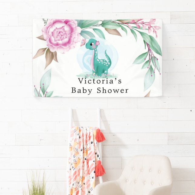 Niedlich Dinosaur Butterfly Pink Peony Baby Dusche Banner (Insitu)