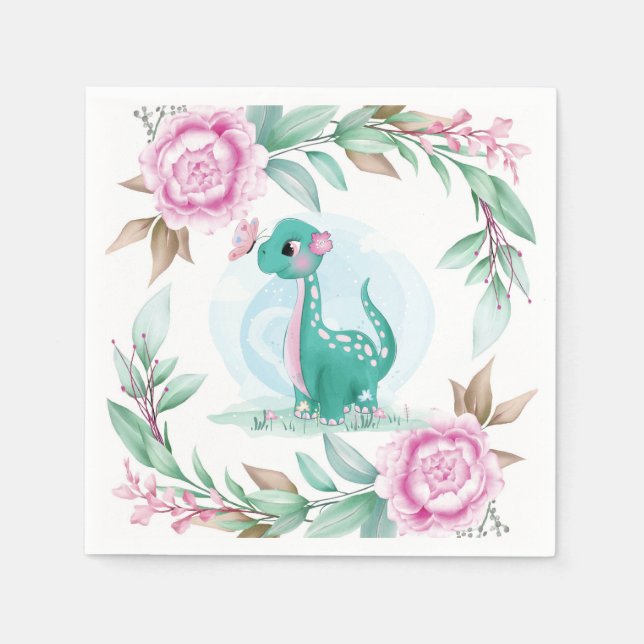 Niedlich Dinosaur Butterfly Pink Peony Baby Dusche Serviette (Vorderseite)