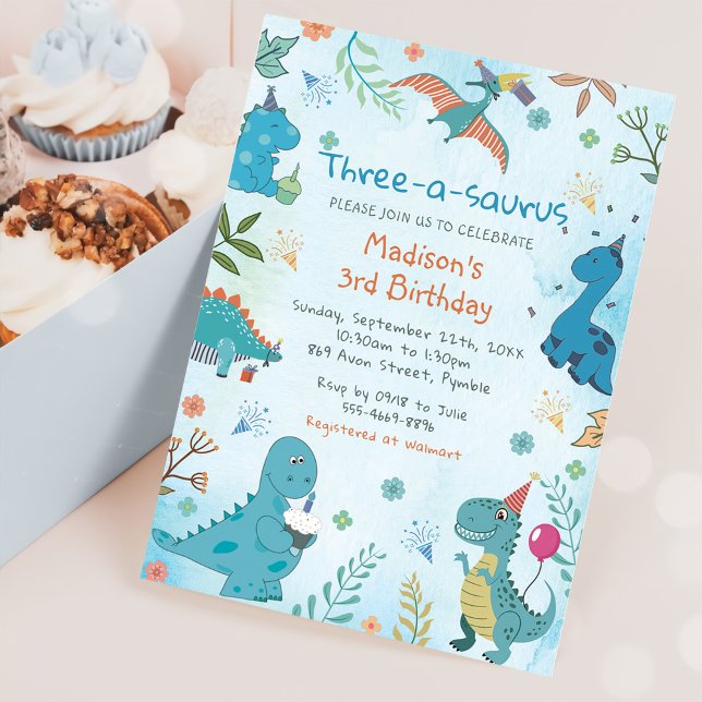 Niedlich Dinosaur Drei-A-Saurus 3. Geburtstag Einladung (Von Creator hochgeladen)