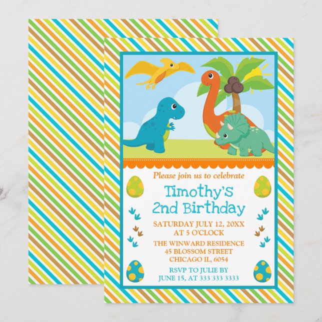 Niedlich Dinosaur Friends Kindergeburtstag Einladung (Vorne/Hinten)