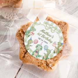 Niedlich Dinosaur Gingham 1. Geburtstag Party Runder Aufkleber