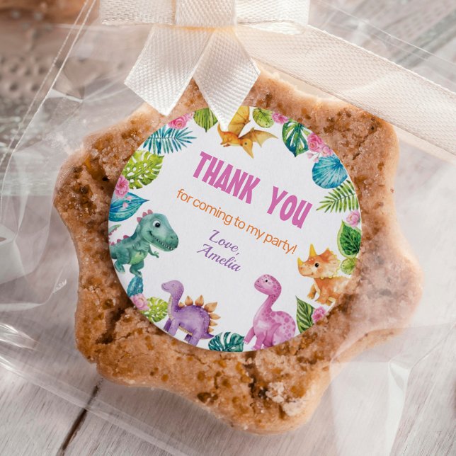 Niedlich Dinosaur Girl Birthday Classic Round Stic Runder Aufkleber (Von Creator hochgeladen)
