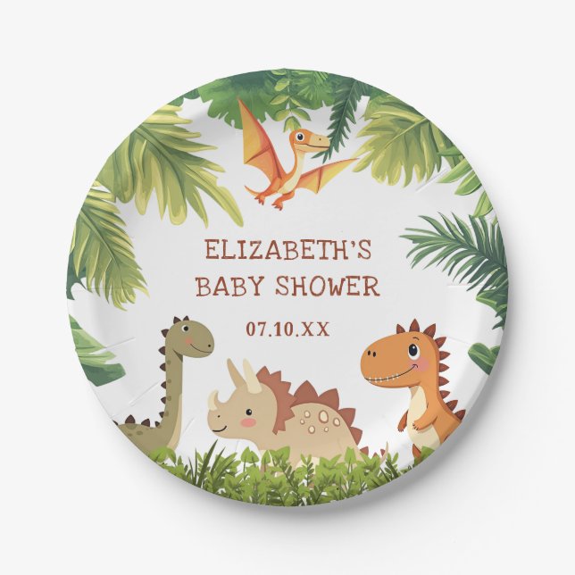 Niedlich Dinosaur Greenery Baby Dusche Pappteller (Vorderseite)