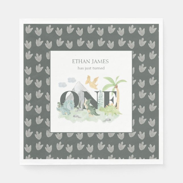 Niedlich Dinosaur Jungle Wasserfarbe Junge 1. Gebu Serviette (Vorderseite)