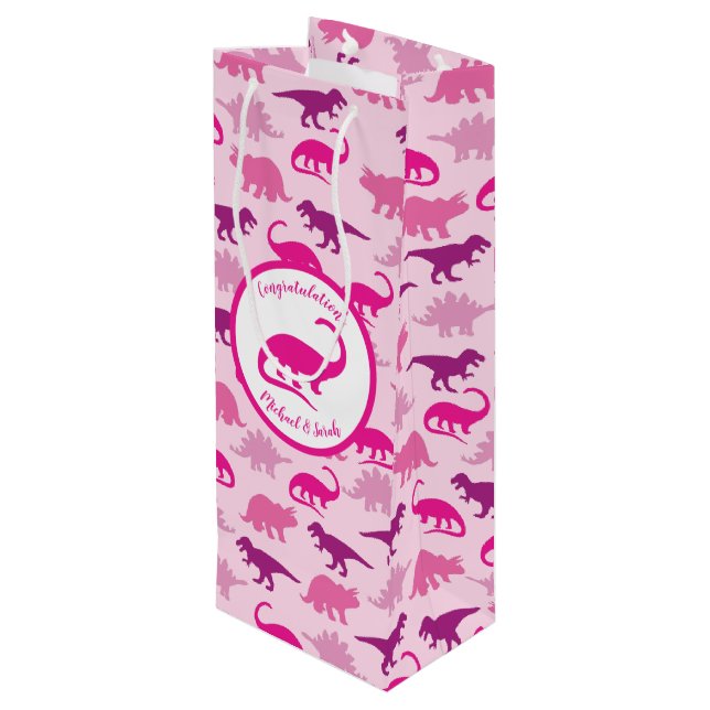 Niedlich Dinosaur Kinderdusche Dino Pink Girl Geschenktüte Für Weinflaschen (Rückseite Schrägansicht)