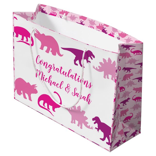 Niedlich Dinosaur Kinderdusche Dino Pink Girl Große Geschenktüte (Rückseite Schrägansicht)